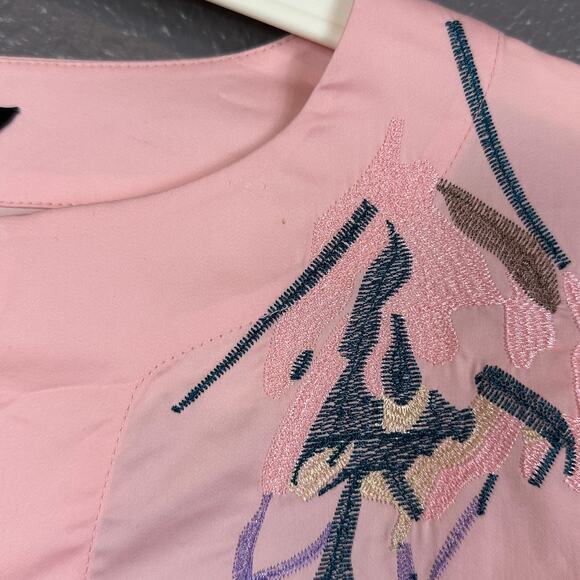 Misook Embroidered Dress Pink Size Small Poplin Drop Waist Floral V Neck - Picture 4 of 7